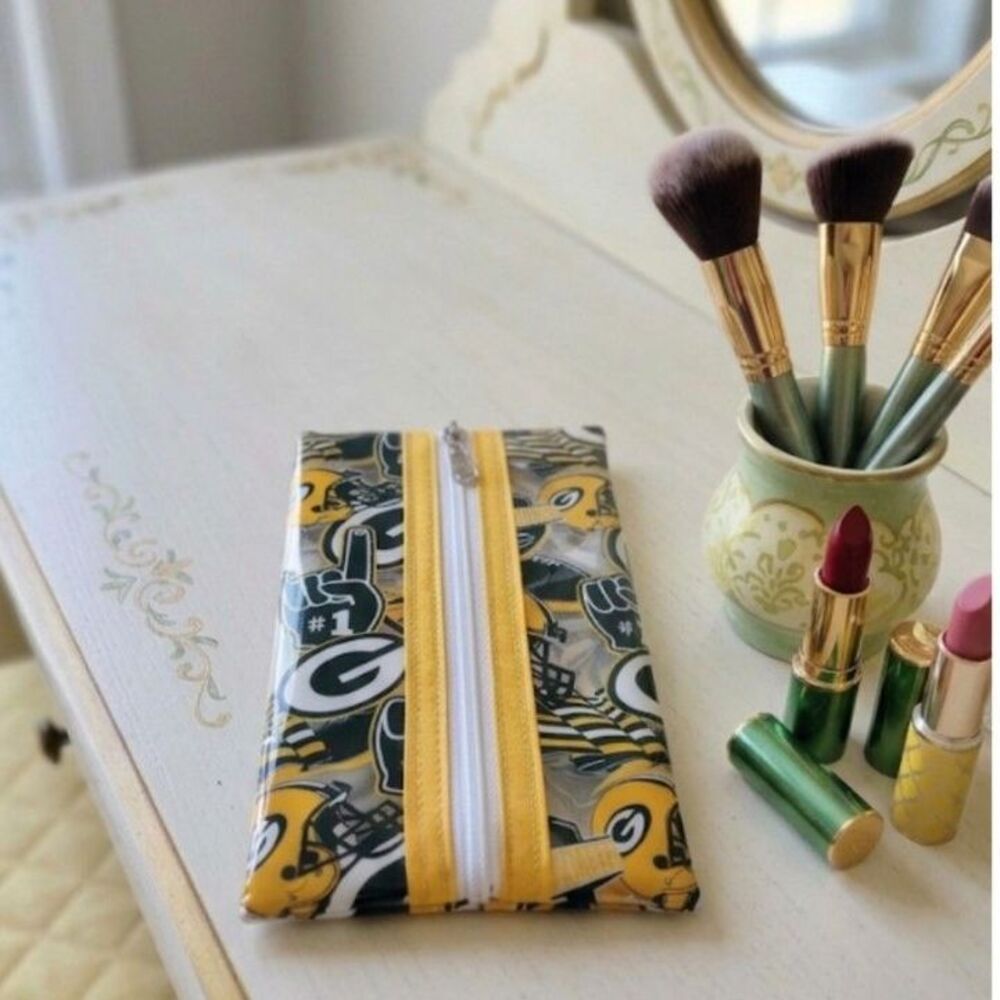Handcrafted Green Bay Clear Vinyl Pouch - Makeup Brush or Art Supply Organizer